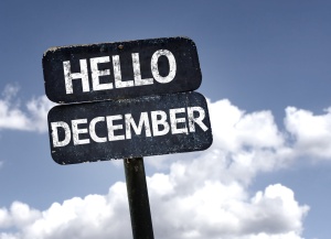 Hello December sign with clouds and sky background